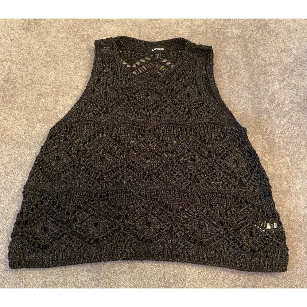 Express Black Sparkly Open Knit Crochet Sleeveless Top XL